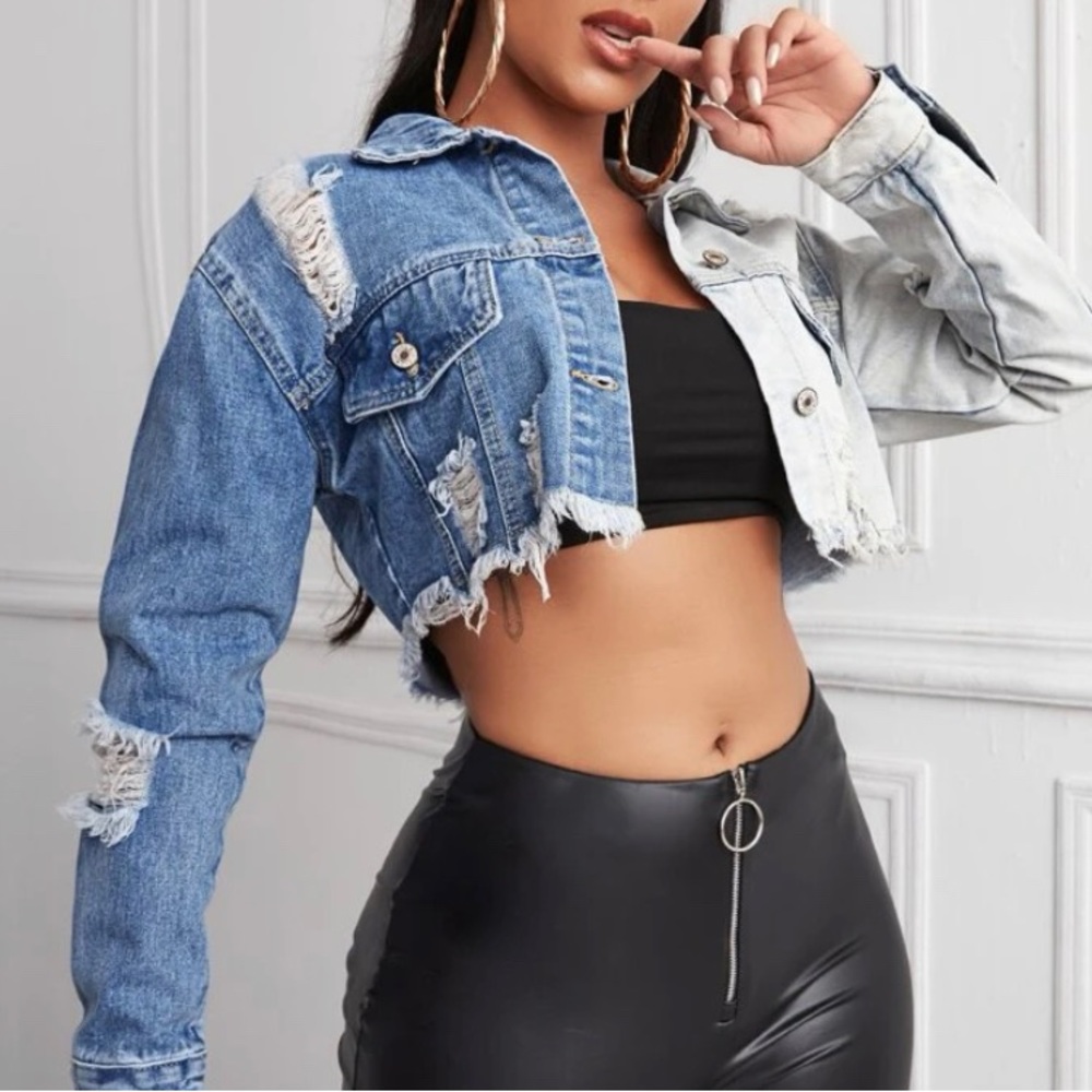 Multicolored denim jean jacket shredded